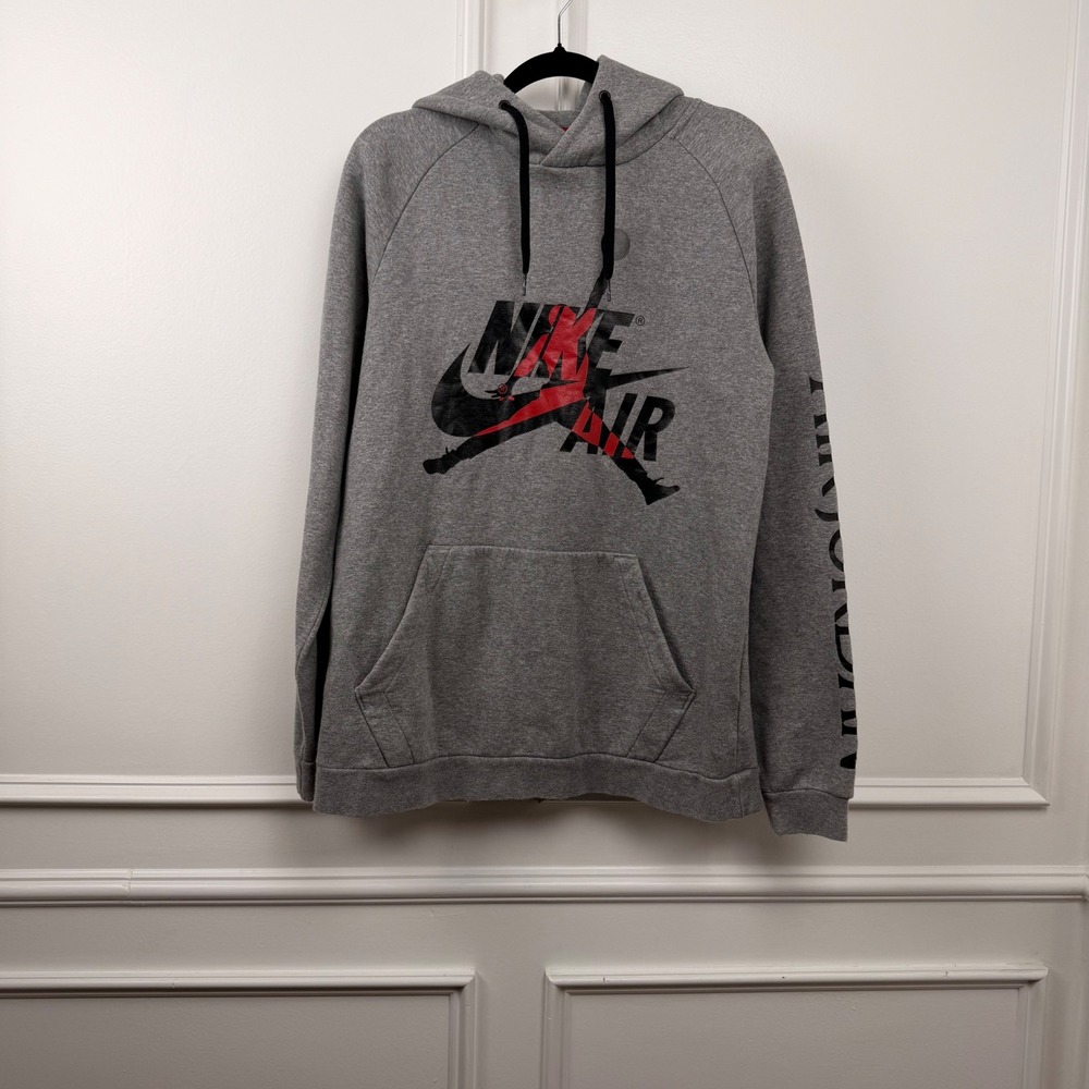 Jordan Jumpman Nike‎ Air Pullover Hoodie Mens Medium Gray Red Graphic Fleece